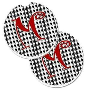 Caroline's Treasures CJ1035-MCARC Letter M Initial Monogram - Houndstooth Black Set of 2 Cup Holder Car Coasters Absorbent Sandstone Coasters for Car Cup Holders Gifts for Men or Women, Large, Multico