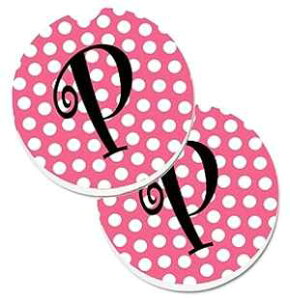 Caroline's Treasures CJ1001-PCARC レター P モノグラム - ピンク ブラック 水玉模様 カップ ホルダー 車用コースター 2 個セット、L、マルチカラー Caroline's Treasures CJ1001-PCARC Letter P Monogram - Pink Black Polka