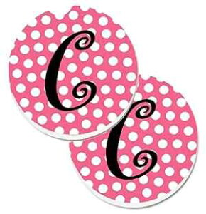 Caroline's Treasures CJ1001-CCARC Letter C Monogram - Pink Black Polka Dots Set of 2 Cup Holder Car Coasters, Large, multicolor