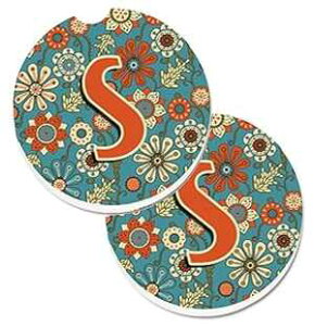 Caroline's Treasures CJ2012-SCARC Letter S F Retro Blue Set of 2 Cup Holder Car Coasters Absorbent Sandstone Coasters for Car Cup Holders Gifts for Men or Women, Large, Multicolor