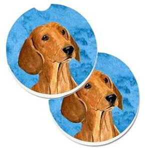 Caroline's Treasures SS4763-BUCARC Blue Red Smooth Dachshund Set of 2 Cup Holder Car Coasters Absorbent Sandstone Coasters for Car Cup Holders Gifts for Men or Women, Large, Multicolor