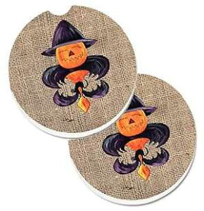 Caroline's Treasures 8748CARC Halloween Pumpkin Bat Fleur de lis Set of 2 Cup Holder Car Coasters Absorbent Sandstone Coasters for Car Cup Holders Gifts for Men or Women, Large, Multicolor