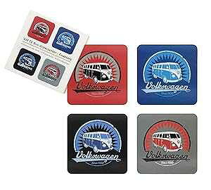 BRISA VW Collection - Volkswagen Drink Glass Cork Coasters with MDF Coating and T1 Bus Campervan Design (4-Piece Set/Vintage Logo/Multicolor)