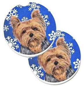 Caroline's Treasures SC9388CARC Yorkie Winter Snowflakes Holiday Set of 2 Cup Holder Car Coasters Absorbent Sandstone Coasters for Car Cup Holders Gifts for Men or Women, Large, Multicolor