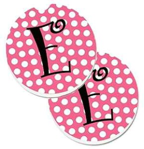 Caroline's Treasures Letter E Monogram - Pink black Polka Dots Set of 2 Cup Holder Car Coasters , 2.56, Multicolor