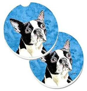 Caroline's Treasures SC9140BUCARC Blue Boston Terrier Set of 2 Cup Holder Car Coasters Absorbent Sandstone Coasters for Car Cup Holders Gifts for Men or Women, Large, Multicolor