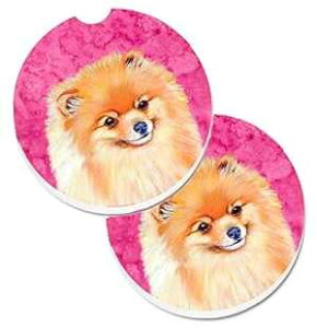 Caroline's Treasures LH9395PKCARC Pink Pomeranian Set of 2 Cup Holder Car Coasters Absorbent Sandstone Coasters for Car Cup Holders Gifts for Men or Women, Large, Multicolor