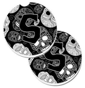 Caroline's Treasures CJ2008-SCARC Letter S Day of The Dead Skulls Black Set of 2 Cup Holder Car Coasters Absorbent Sandstone Coasters for Car Cup Holders Gifts for Men or Women, Large, Multicolor
