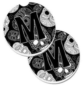Caroline's Treasures CJ2008-MCARC Letter M Day of The Dead Skulls Black Set of 2 Cup Holder Car Coasters Absorbent Sandstone Coasters for Car Cup Holders Gifts for Men or Women, Large, Multicolor