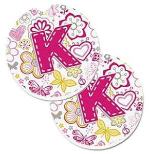 Caroline's Treasures CJ2005-KCARC Letter K F and Butterflies Pink Set of 2 Cup Holder Car Coasters Absorbent Sandstone Coasters for Car Cup Holders Gifts for Men or Women, Large, Multicolor
