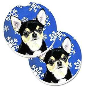 Caroline's Treasures SC9399CARC Chihuahua Winter Snowflakes Holiday Set of 2 Cup Holder Car Coasters Absorbent Sandstone Coasters for Car Cup Holders Gifts for Men or Women, Large, Multicolor