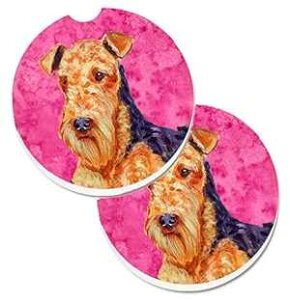 Caroline's Treasures LH9381PKCARC Pink Airedale Set of 2 Cup Holder Car Coasters Absorbent Sandstone Coasters for Car Cup Holders Gifts for Men or Women, Large, Multicolor