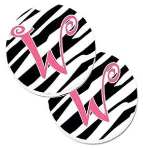 Caroline's Treasures CJ1037-WCARC Letter W Initial Zebra Stripe and Pink Set of 2 Cup Holder Car Coasters Absorbent Sandstone Coasters for Car Cup Holders Gifts for Men or Women, Large, Multicolor