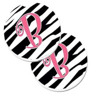 Caroline's Treasures CJ1037-BCARC Letter B Initial Zebra Stripe and Pink Set of 2 Cup Holder Car Coasters Absorbent Sandstone Coasters for Car Cup Holders Gifts for Men or Women, Large, Multicolor