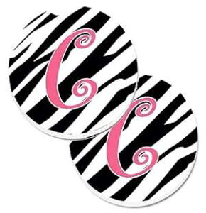 Caroline's Treasures CJ1037-CCARC Letter C Initial Zebra Stripe and Pink Set of 2 Cup Holder Car Coasters Absorbent Sandstone Coasters for Car Cup Holders Gifts for Men or Women, Large, Multicolor