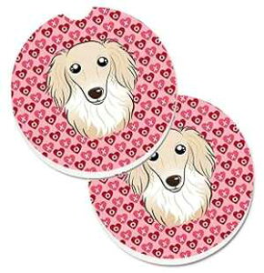 Caroline's Treasures BB5282CARC Longhair Creme Dachshund Set of 2 Cup Holder Car Coasters Absorbent Sandstone Coasters for Car Cup Holders Gifts for Men or Women, Large, Multicolor