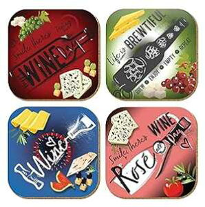 Coaster for Drinks by Pictor Gift Set of 4, Perfect to Protect Your Furniture, Desk, Table Absorptive, Home, Kitchen, Bar, Decorative, Metal Pressed with Cork Base, Gift Idea for Wine, Party Lovers