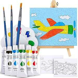J MARK Kids t Set and t Easel Acrylic ting Kit, Safe Washable ts, Wood Easel, 2 Pre-Stenciled Canvases 8 x 10 inches, Brushes, Palette, Color Mixing Chart Craft Supplies