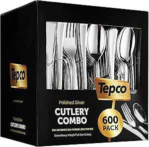 Tepco Settings 600 Plastic Silverware Set - Plastic Cutlery Set - Disposable - Flatware Set - 200 Forks - 200 Spoons - 200 Knives - Heavy Duty - Party Bulk - Silver