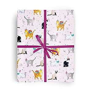 REVEL & Co Party Cats on Pink Premium Folded Wrapping Paper, 2 feet x 10 feet folded birthday feline gift wrap