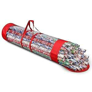 ProPik Gift Wrap Organizer, Wrapping Paper Storage Bag, Fits Holiday Papers 40 Inch Long, Holds Up To 24 Rolls, Heavy Duty Clear PVC Bag with Handles (Red & Clear)
