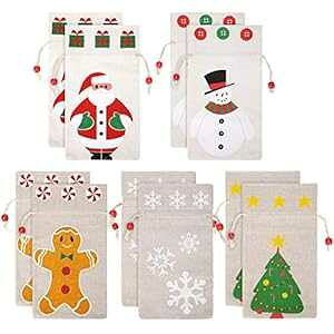 Boao 10 Pieces Christmas Drawstring Gift Bags Reusable Burlap Bags Sweet Candy Bag Pouch with Santa Snowman Design for Christmas Holiday Home Party Supplies