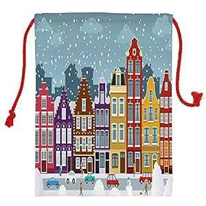 Ambesonne アムステルダム クリスマスギフトサック、冬のオランダの町 歴史的アパートメント 雪のクリスマスイブ ノエルテーマ、サンタサックバッグ キャンバス生地 ギフトと保管用、19.8イ