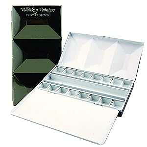 Whiskey Painters Whiskey ters Artist Empty 16 Half pan Watercolor t Box, Customizable, Travel Size Friendly Master Palette with Thumb Ring to Hold securely, fits Half Pans, Travel Brush. Hand Made in Italy.