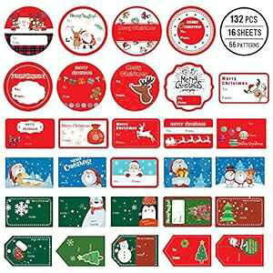 Phirosa 132 PCS Christmas Tags Stickers Self Adhesive Santa Snowmen Xmas Tree Deer Christmas Festival Birthday Wedding Holiday Decorative Presents Labels