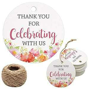 Mr.Mug Thank You for Celebrating with Us Tags, 100Pcs Floral Thank You Tags for Wedding Birthday Baby Shower Party Favors, Paper Gift Tags with 100 Feet Jute String