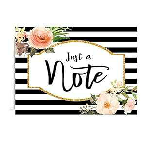 Canopy Street Black Stripe Floral And Faux Glitter Note Cards / 24 Just A Note Cards/All Occasion Greeting Cards / 3 1/2 x 4 7/8 Floral Cards