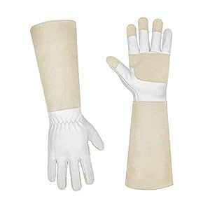 HLDD HANDLANDY Long Sleeve Leather Gardening Gloves,Puncture resistant,Breathable Pigskin Leather Gauntlet,Rose Pruning Floral Gauntlet Garden Gloves For Women and Men (Medium, Beige)