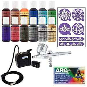 Master Airbrush Cake Decorating Airbrushing System Kit with a Set of 12 Chefmaster Food Colors, Gravity Feed Dual-Action Airbrush, Air Compressor, Wilton Stencils and How-to-Airbrush ARC Link Card