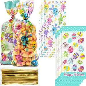 Chuangdi 100 Pack Easter Day Treat Bag Easter Bunny Cello Bag Party Bag Candy Cellophane Bag Easter Egg Treat Bag Painted Eggs Cello Bag Easter Goody Bags Grab Bag for Easter Day (Style 3)
