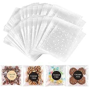 NPLUX 200PACK Self Sealing Cellophane Bags Cookie Bags for Gift Giving Clear Treat Bags with Stickers(White Polka Dot,4X4INCH)