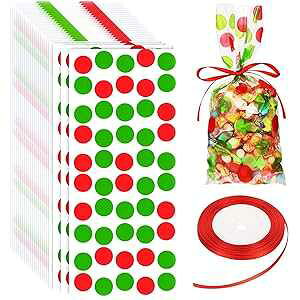 Boao 100 Pcs Christmas Cellophane Treat Bags Christmas Candy Bags Gift Bags Goodies Bags 11 x 5 Inches Red and Green Polka Dot Cello Bags Plastic Bags with Ribbon for Christmas Party Supplies