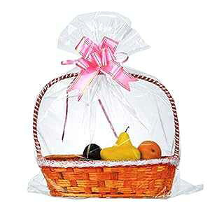 UltraOutlet 50 Packs Large Cellophane Bags 24 x 30 Clear Cellophane Gift Basket Wraps Extra-large 2.3 Mil Thick Clear Cello Bags for Fruit Basket, Gift Wrap, Treats, Arts and Crafts, 50ct Ribbon Bows