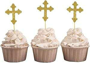 20pbNAOb^[S[hAň̂yYAJbvP[Lgbp[AfU[gfR[V - 20pbN Pack Of 20, Glitter Gold, Darling Souvenir, Christening Baptism Cupcake Toppers, Dessert Dec