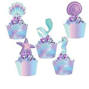 YOMINY Mermaid Cupcake Toppers and Wrappers, 40 pcs Double Side Little Mermaid Theme Decoration,Under The Sea Theme, Baby Shower Birthday Party Favor, Multicolor