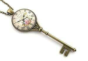 Be[Wv̕ՂC[WL[lbNX Fern & Filigree Key Necklace with Vintage Clock Face Image