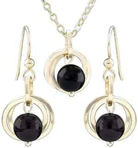 Tahmi Simple Real Black Onyx Gemstone Dangle Earrings and 20 Inch Pendant Necklace on Chain with 14K Yellow Gold-filled Circles Dainty Minimalist Jewelry Gift Set Idea for Women