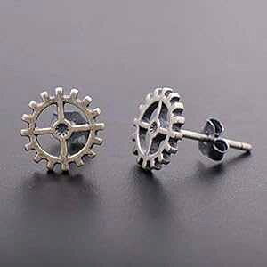 9MM �T�[�N�� �X�^�[�����O �V���o�[ �M�A �C�������O �X�^�b�h �X�`�[���p���N�A�_������ Joseph Brothers 9MM Circle Sterling Silver Gear Earrings Studs Steampunk, Oxidized