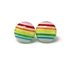 zCgƃC{[XgCṽEhCOt[vX`bN|XgqȎpA12mm Pretty Smart White and Rainbow Stripe Round Earrings Metal Free Plastic Post for Sensitive Ears, 12mm
