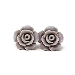 ɕqȎpvX`bN|Xg[YX^bhsAXA13mm}bgy[O[ Pretty Smart Plastic Post Rose Stud Earrings for Metal Sensitive Ears, 13mm Matte Pale Grey