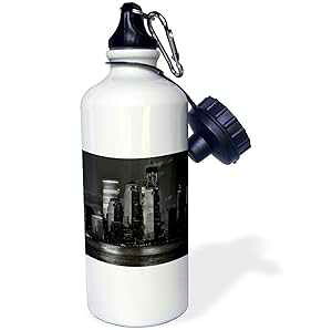 3dRose black white skyline of Hudson River and NYC at night Sports Water Bottle, 21 oz, White