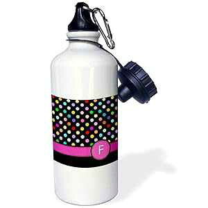 3dRose Letter F Monogrammed on Rainbow Polka Dots Pattern with Hot Pink Personal Initial-Girly Colorful Sports Water Bottle, 21 oz, White