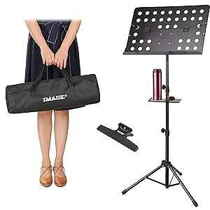 IMAGE Music Stand, 21.6-63 Inch Sheet Music Stand Adjustable and Foldable Travel Metal Music Stand with Carrying Bag Music Tray and Music Sheet Clip Holder for Instrumental Performance