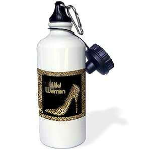 3dRose Cheetah Print Wildl Woman Stiletto Pump and Diamond Bling Sports Water Bottle, 21 oz, White