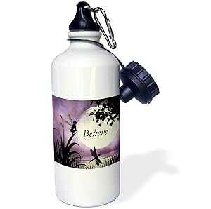 3dRose "Believe, Fairy With Dragonflies With Moon And Purple Sky" Sports Water Bottle, 21 oz, White