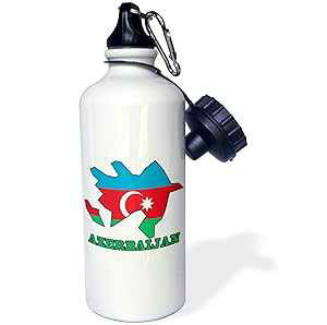 3dRose "The flag of Azerbaijan in the outline map of Azerbaijan and the country name Azerbaijan" Sports Water Bottle, 21 oz, White